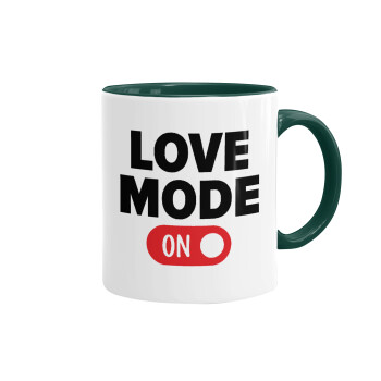 LOVE MODE ON, Mug colored green, ceramic, 330ml