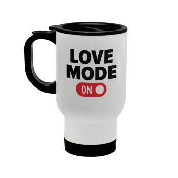 LOVE MODE ON, Stainless steel travel mug with lid, double wall white 450ml