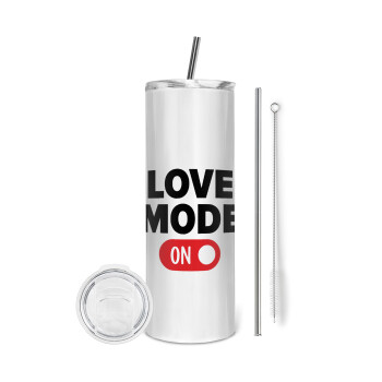 LOVE MODE ON, Eco friendly ποτήρι θερμό (tumbler) από ανοξείδωτο ατσάλι 600ml, με μεταλλικό καλαμάκι & βούρτσα καθαρισμού