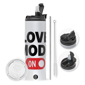 LOVE MODE ON, Travel Tumbler θερμό με διπλό καπάκι, μεταλλικό καλαμάκι και βούρτσα καθαρισμού (Ανωξείδωτο 304 Food grade, BPA free, 600ml)