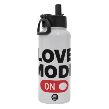 LOVE MODE ON, Metal mug thermo White with Straw and Spout Lid (Stainless steel), double wall, 950ml