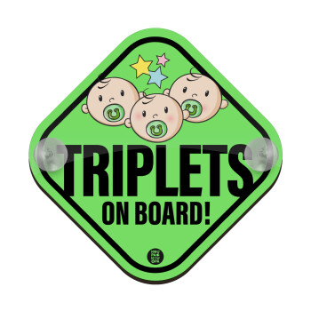 Triplets on board babys, green, Baby On Board wooden car sign with suction cups (16x16cm)