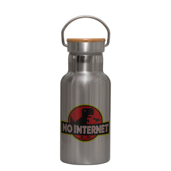 No internet, Stainless steel metallic thermos flask, silver with a bamboo lid, double-walled, 350ml.