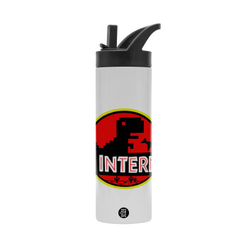 No internet, Metallic thermos bottle with straw & handle, stainless steel (Stainless steel 304), double-walled, 600ml.