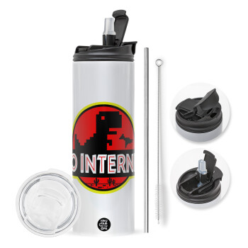 No internet, Travel Tumbler 2 Lids, with metal straw & cleaning brush (Stainless steel 304 Food grade, BPA free, 600ml)