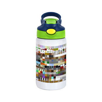 Minecraft blocks, Children's hot water bottle, stainless steel, with safety straw, green, blue (350ml)