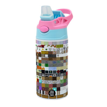 Minecraft blocks, Children's hot water bottle, stainless steel, with safety straw, Pink/BlueCiel (360ml) BPA FREE