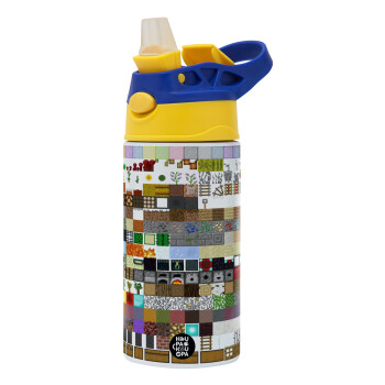 Minecraft blocks, Children's hot water bottle, stainless steel, with safety straw, green, blue (360ml) BPA FREE