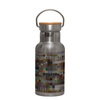 Minecraft blocks, Stainless steel metallic thermos flask, silver with a bamboo lid, double-walled, 350ml.