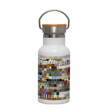 Minecraft blocks, Metallic thermos (Stainless steel) White with wooden lid (bamboo), double-walled, 350ml