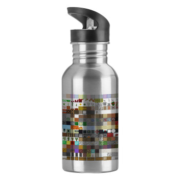 Minecraft blocks, Water bottle Silver with straw, stainless steel 600ml