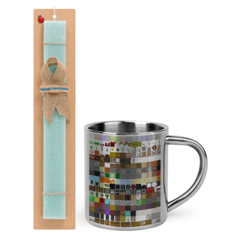 Minecraft blocks, Easter Set, metallic thermal cup (300ml) & aromatic flat Easter candle (30cm) (TURQUOISE)