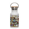 Metallic thermos (Stainless steel) White with wooden lid (bamboo), double-walled, 350ml