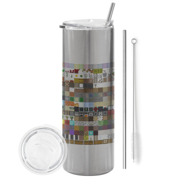 Minecraft blocks, Tumbler stainless steel Silver 600ml, with metal straw & cleaning brush