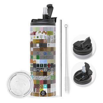 Minecraft blocks, Travel Tumbler 2 Lids, with metal straw & cleaning brush (Stainless steel 304 Food grade, BPA free, 600ml)