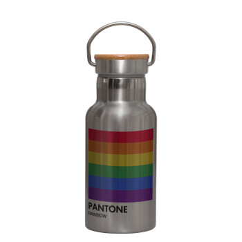 Pantone Rainbow, Μεταλλικό παγούρι θερμός (Stainless steel) Ασημένιο με ξύλινο καπακι (bamboo), διπλού τοιχώματος, 350ml