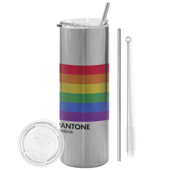 Pantone Rainbow, Eco friendly stainless steel Silver tumbler 600ml, with metal straw & cleaning brush