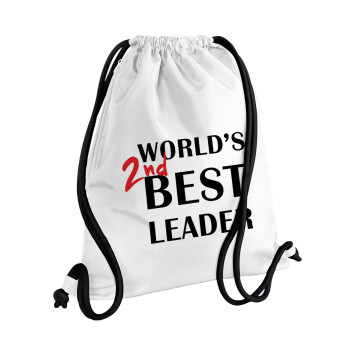 World's 2nd Best leader , Τσάντα πλάτης πουγκί GYMBAG λευκή, με τσέπη (40x48cm) & χονδρά κορδόνια