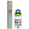 Easter Set, Children's thermal stainless steel bottle with safety straw, green/blue (350ml) & aromatic flat Easter candle (30cm) (TURQUOISE)