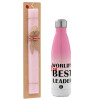 Easter Set, Metallic pink/white (Stainless steel) thermos, double-walled, 500ml & aromatic flat Easter candle (30cm) (PINK)