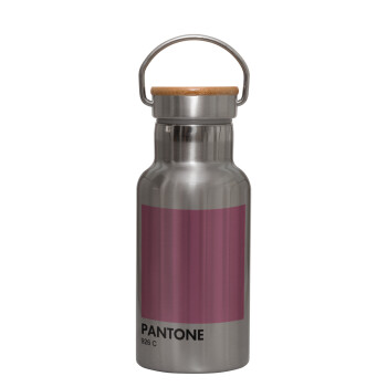 PANTONE Pink C, Μεταλλικό παγούρι θερμός (Stainless steel) Ασημένιο με ξύλινο καπακι (bamboo), διπλού τοιχώματος, 350ml