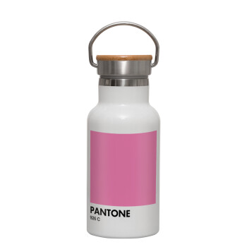 PANTONE Pink C, Μεταλλικό παγούρι θερμός (Stainless steel) Λευκό με ξύλινο καπακι (bamboo), διπλού τοιχώματος, 350ml