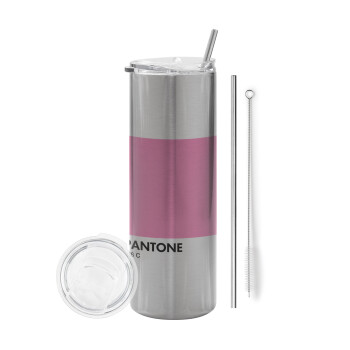 PANTONE Pink C, Eco friendly ποτήρι θερμό Ασημένιο (tumbler) από ανοξείδωτο ατσάλι 600ml, με μεταλλικό καλαμάκι & βούρτσα καθαρισμού