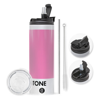 PANTONE Pink C, Travel Tumbler θερμό με διπλό καπάκι, μεταλλικό καλαμάκι και βούρτσα καθαρισμού (Ανωξείδωτο 304 Food grade, BPA free, 600ml)