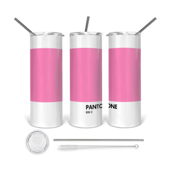 PANTONE Pink C, 360 Eco friendly ποτήρι θερμό (tumbler) από ανοξείδωτο ατσάλι 600ml, με μεταλλικό καλαμάκι & βούρτσα καθαρισμού