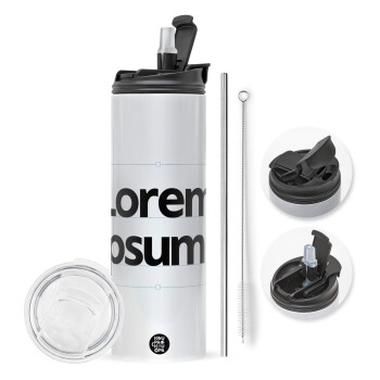 Lorem ipsum, Travel Tumbler θερμό με διπλό καπάκι, μεταλλικό καλαμάκι και βούρτσα καθαρισμού (Ανωξείδωτο 304 Food grade, BPA free, 600ml)