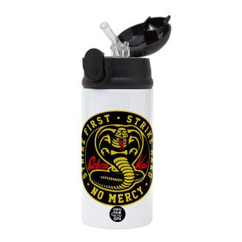 cobra kai strike first dojo, Children's hot water bottle, stainless steel, with safety straw, Black (360ml) BPA-FREE