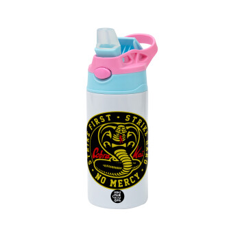 cobra kai strike first dojo, Children's hot water bottle, stainless steel, with safety straw, Pink/BlueCiel (360ml) BPA FREE