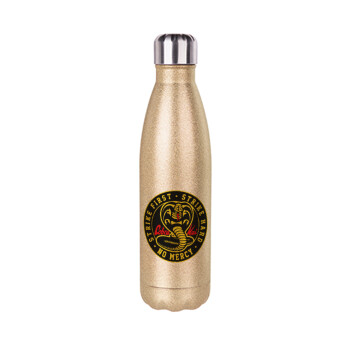 cobra kai strike first dojo, Glitter gold stainless steel thermos bottle, double-walled, 500ml