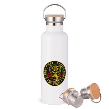 cobra kai strike first dojo, Μεταλλικό παγούρι θερμός (Stainless steel) Λευκό με ξύλινο καπακι (bamboo), διπλού τοιχώματος, 750ml