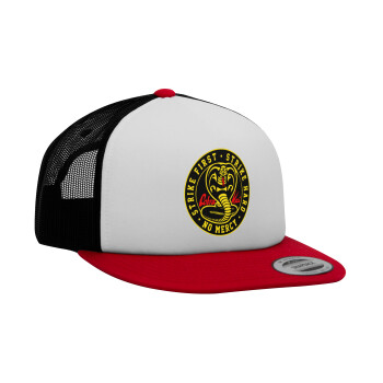 cobra kai strike first dojo, Adult Foam Flat Snapback with Mesh Red-White-Black (POLYESTER, ADULT, UNISEX, ONE SIZE)