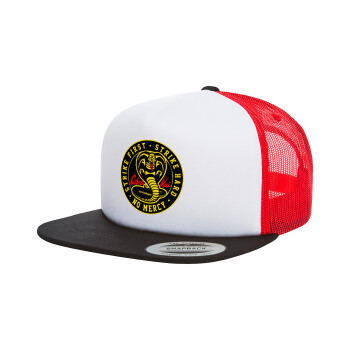 cobra kai strike first dojo, Adult Foam Flat Snapback with Mesh Black-White-Red (POLYESTER, ADULT, UNISEX, ONE SIZE)