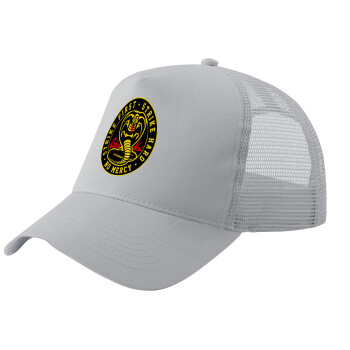 cobra kai strike first dojo, Adult Structured Trucker Hat, with Mesh, GRAY (100% COTTON, ADULT, UNISEX, ONE SIZE)