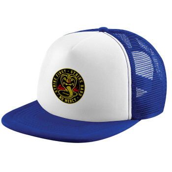 cobra kai strike first dojo, Καπέλο Ενηλίκων Soft Trucker με Δίχτυ Blue/White (POLYESTER, ΕΝΗΛΙΚΩΝ, UNISEX, ONE SIZE)