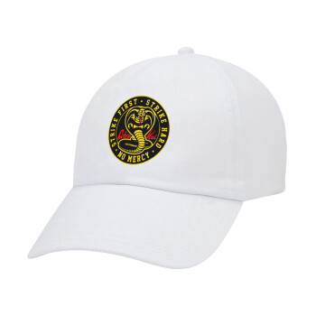 cobra kai strike first dojo, Adult Baseball Cap White 5-panel (POLYESTER, ADULT, UNISEX, ONE SIZE)