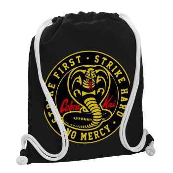 cobra kai strike first dojo, Τσάντα πλάτης πουγκί GYMBAG Μαύρη, με τσέπη (40x48cm) & χονδρά λευκά κορδόνια