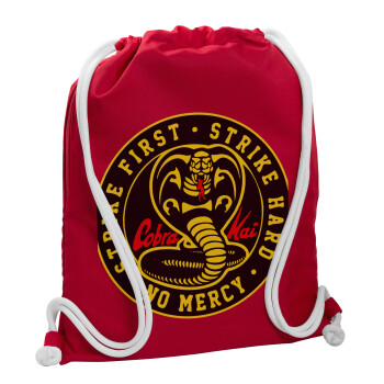 cobra kai strike first dojo, Τσάντα πλάτης πουγκί GYMBAG Κόκκινη, με τσέπη (40x48cm) & χονδρά κορδόνια