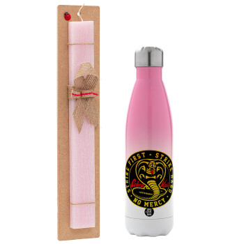 cobra kai strike first dojo, Easter Set, Metallic pink/white (Stainless steel) thermos, double-walled, 500ml & aromatic flat Easter candle (30cm) (PINK)