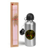 Easter Set, metallic Silver aluminum water bottle (500ml) & scented flat Easter candle (30cm) (PINK)