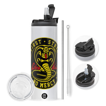 cobra kai strike first dojo, Travel Tumbler 2 Lids, with metal straw & cleaning brush (Stainless steel 304 Food grade, BPA free, 600ml)