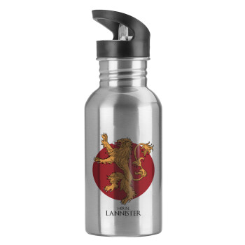 House Lannister GOT, Water bottle Silver with straw, stainless steel 600ml