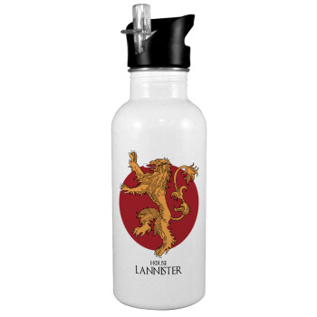 House Lannister GOT, White water bottle with straw, stainless steel 600ml
