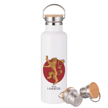 House Lannister GOT, Stainless steel White with wooden lid (bamboo), double wall, 750ml