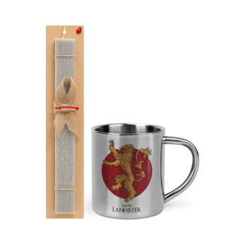 House Lannister GOT, Πασχαλινό Σετ, μεταλλική κούπα θερμό (300ml) & πασχαλινή λαμπάδα αρωματική πλακέ (30cm) (ΓΚΡΙ)
