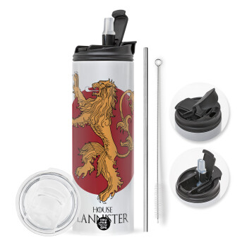 House Lannister GOT, Travel Tumbler θερμό με διπλό καπάκι, μεταλλικό καλαμάκι και βούρτσα καθαρισμού (Ανωξείδωτο 304 Food grade, BPA free, 600ml)