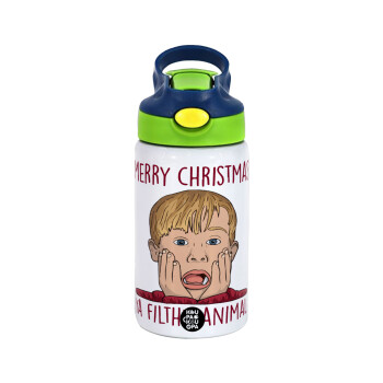 home alone, Merry Christmas ya filthy animal, Children's hot water bottle, stainless steel, with safety straw, green, blue (350ml)
